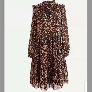 J.Crew Tiered Ruffle-Neck Leopard Print Crinkle Chiffon Dress - Small